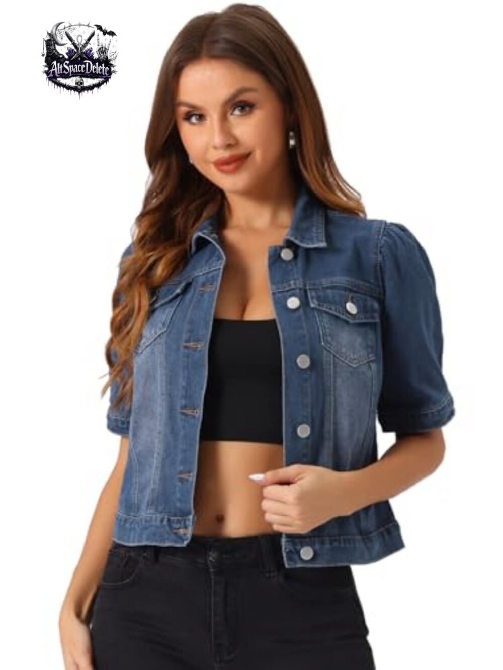 Women's Short Puff Sleeve Denim Jacket Button-Down Jean Jacket
